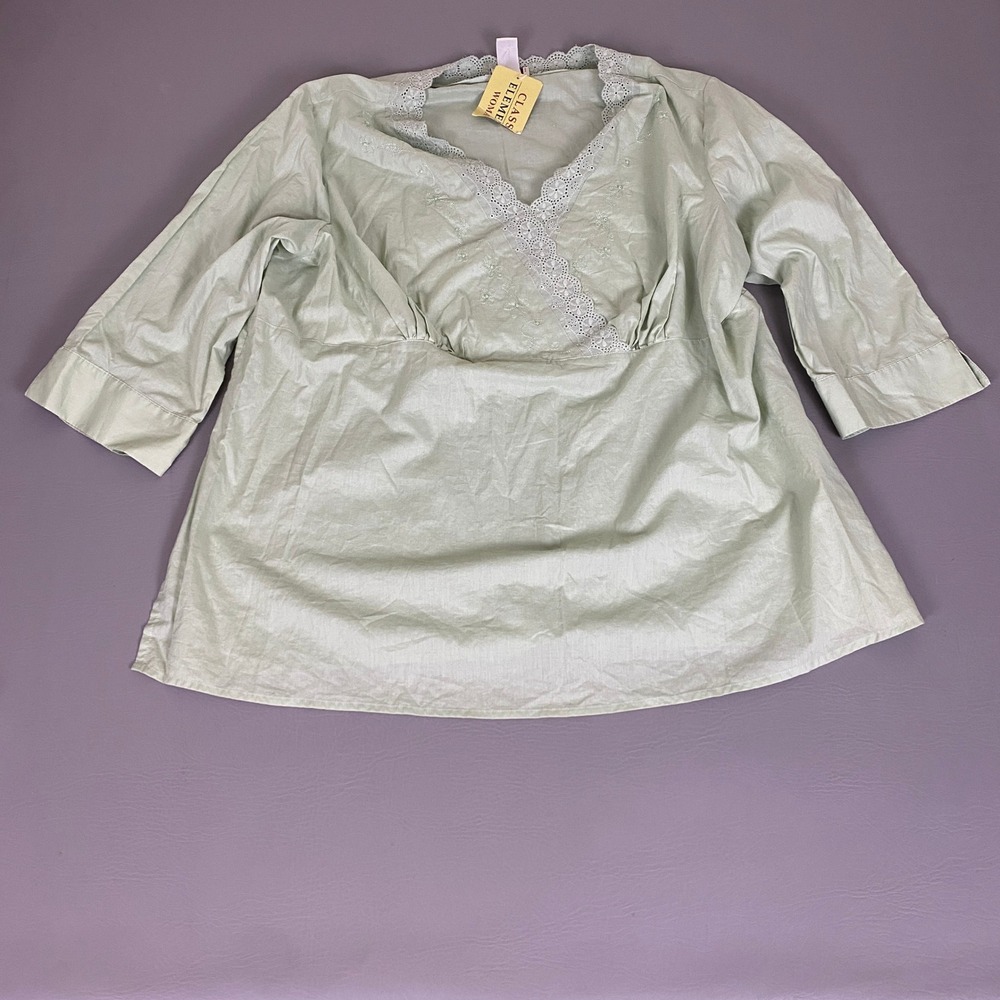 Classic Elements Blouse Women's Size 20-22W Smoke Green Lace V-Neck New w/ Flaws